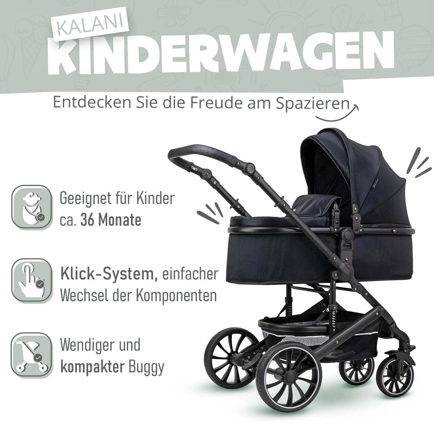 Pixini Neyla Combi Pushchair with Accessories (3-in-1 Set with Baby Seat Black/Black)