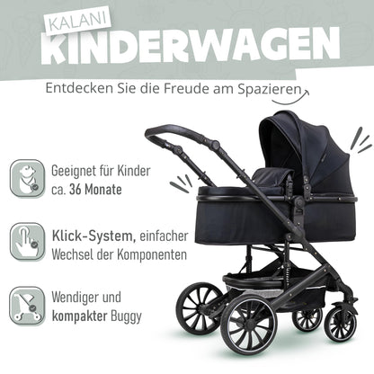 Pixini Neyla Combi Pushchair with Accessories (3-in-1 Set with Baby Seat Black/Black)