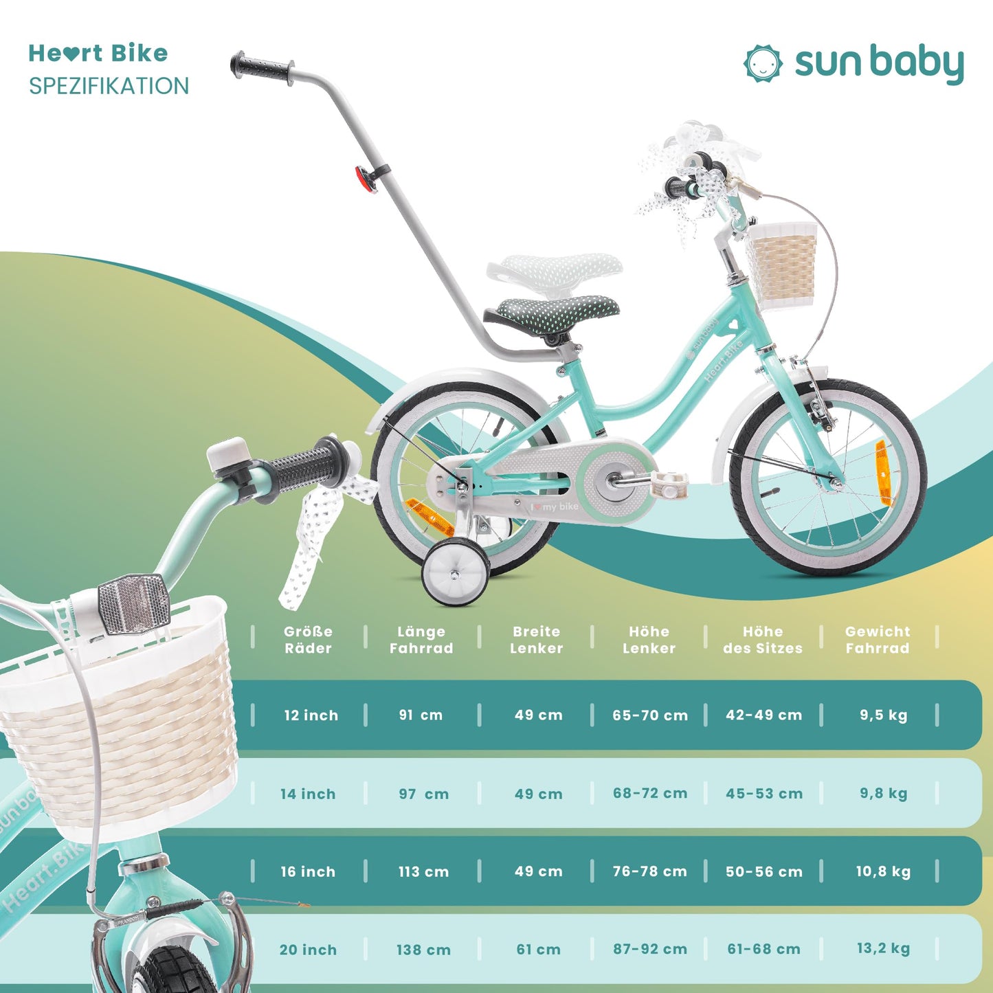 sun baby Mädchenfahrrad 12, 14 und 16 Zoll Radgröße Heart Bike zur Auswahl, mit Abnehmbarer Schubstange, Kinderfahrrad für Mädchen von 2 bis 6 Jahre - Meloni2