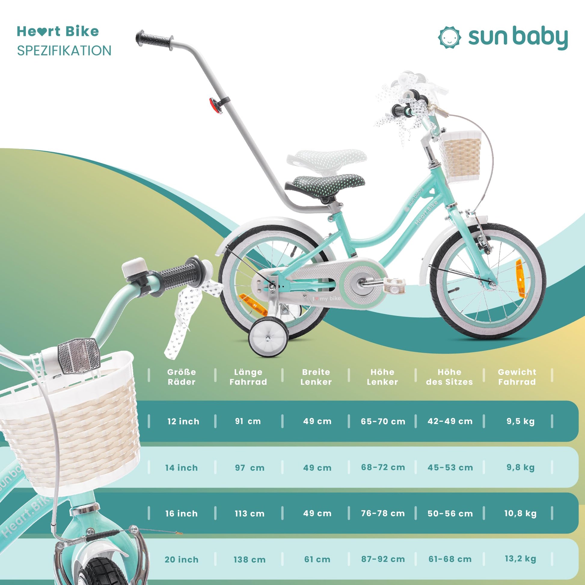 sun baby Mädchenfahrrad 12, 14 und 16 Zoll Radgröße Heart Bike zur Auswahl, mit Abnehmbarer Schubstange, Kinderfahrrad für Mädchen von 2 bis 6 Jahre - Meloni2