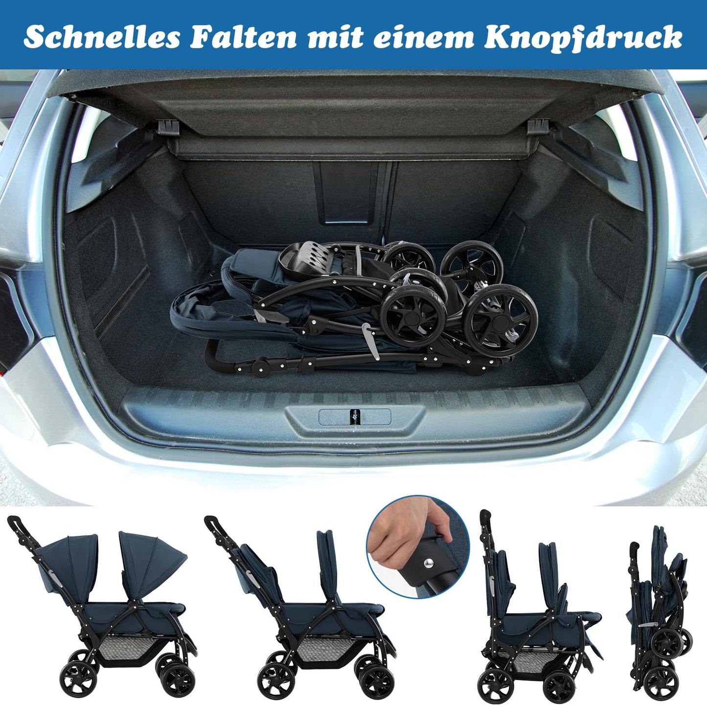 COSTWAY Folding Double Pushchair, Twin Pushchair with Adjustable Backrest and Hood, Travel Buggy with Reclining Function, Twin Buggy Pushchair for Baby from 6 Months, 30 kg Load Capacity (Grey)