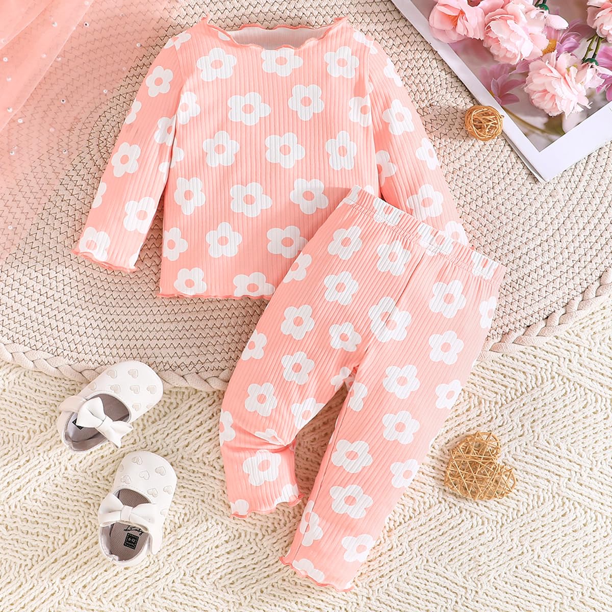 Kleinkind Baby Mädchen Kleidung Set Rüschen gerippt Kurzarm / Langarm T-Shirt Tops + Shorts Hosen 4 Stück Sommer Herbst Süße Outfits Set