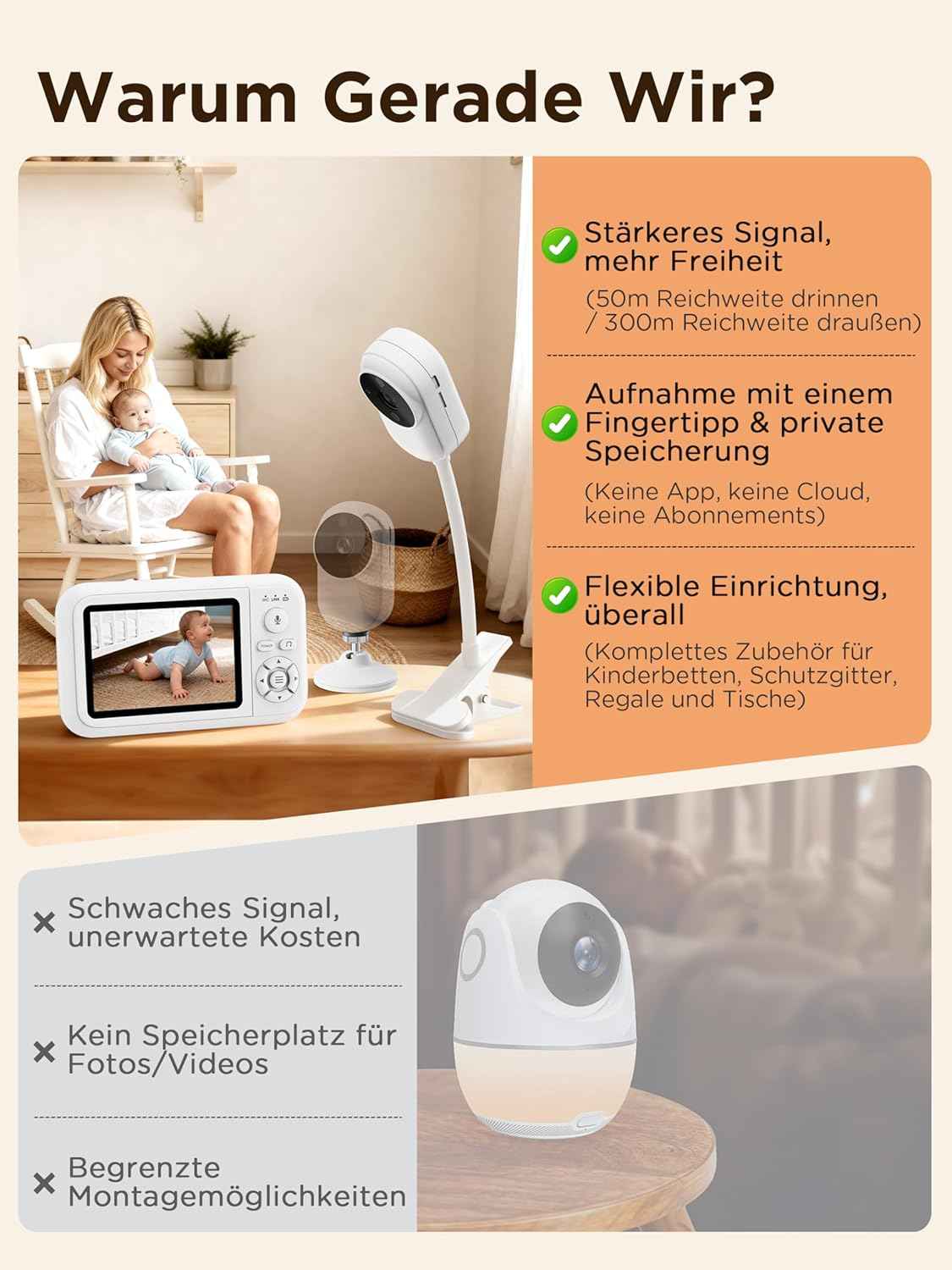 Baby Monitor with Camera, 1080P Baby Camera Monitor with Holder and Bed Clip Without WiFi, 2-Way Audio, Crying Detection, 4x Zoom, Night Vision, Temperature Sensor, 3.5 Inch LCD Baby Monitor with SD