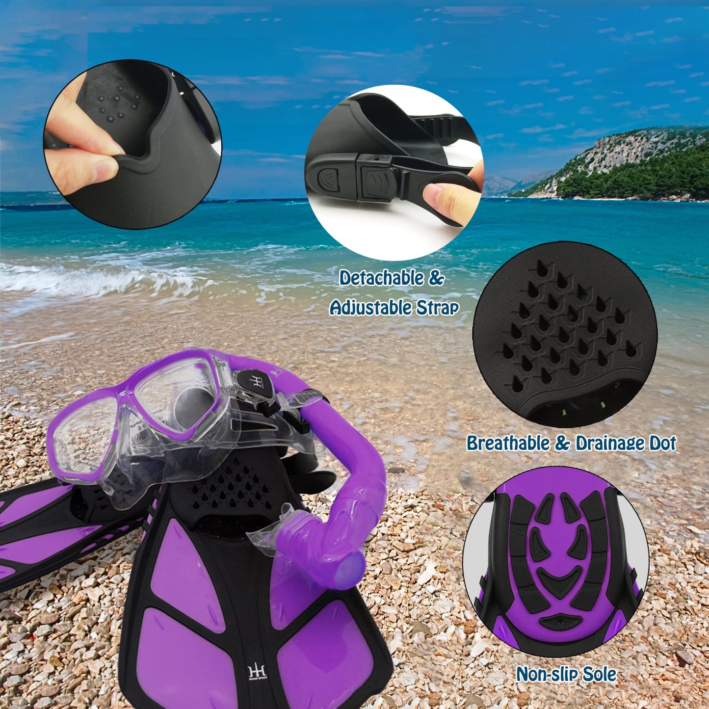 HH HHAO SPORT Children's snorkel set with fins, 180° panorama wide view diving goggles children, adjustable flippers, high-quality diving mask and dry top snorkel