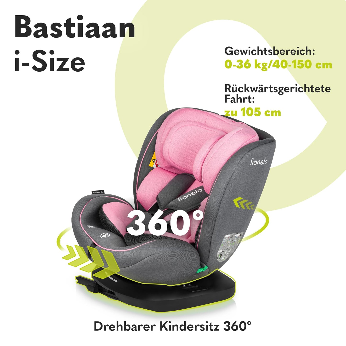 LIONELO Bastiaan i-Size One 360o drehbarer Autositz für Kinder von 40-150 cm, Montage in Fahrtrichtung und entgegen der Fahrtrichtung möglich, ISOFIX Pas TopTether Einstellbare Rückenlehne - Meloni2