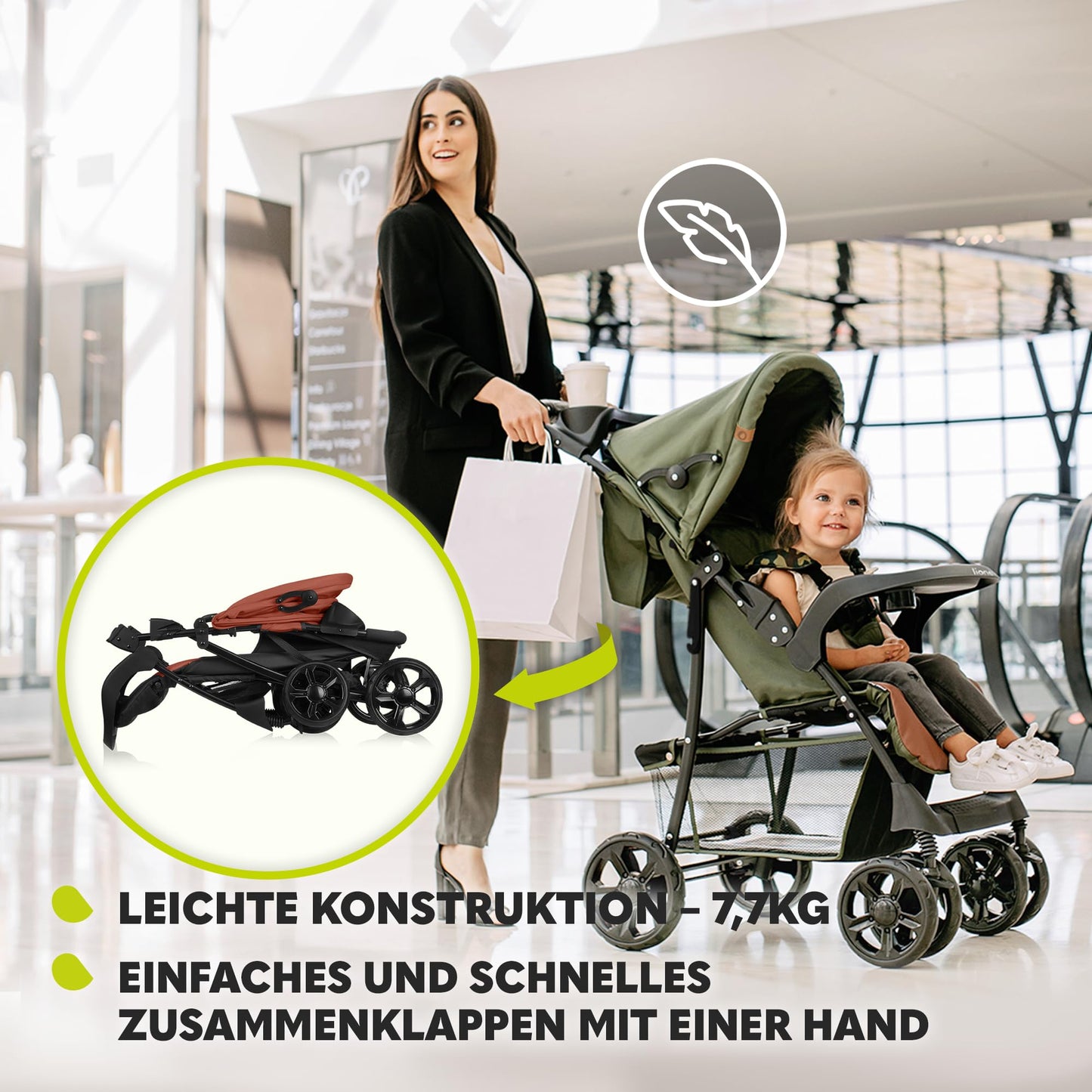 LIONELO Emma Plus Kinderwagen bis zu 15 kg, Kindersportwagen, leicht modern klein Buggy mit Liegeposition, zusammenklappbar, große Räder, großer Korb, Tasche Stone