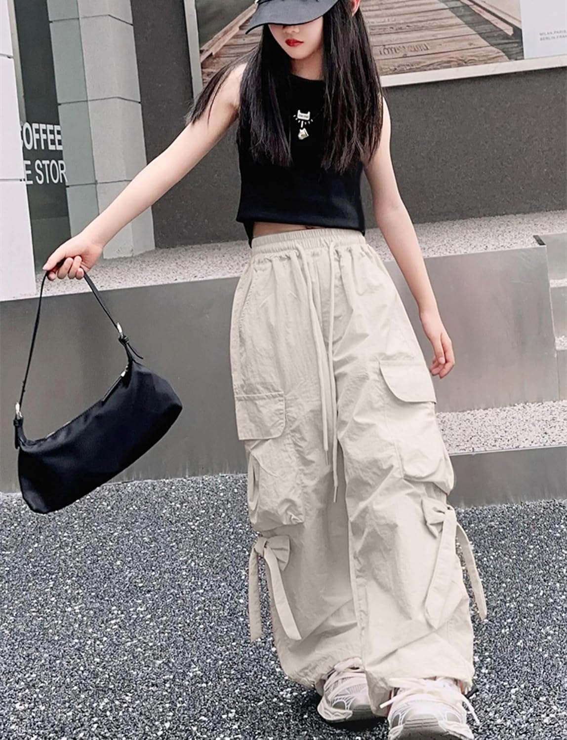 Cargo Hose Mädchen Freizeithose Baggy Hip Hop Hose mit Gummibund Schleife Leicht Dünn Sommerhose 4 Taschen Freizeit Streetwear Kinder 5-14 Jahre