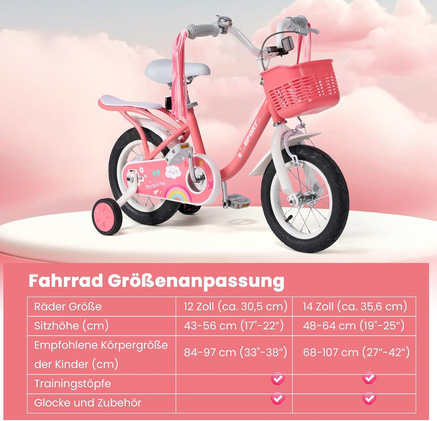 BODIOO 14 Zoll Kinderfahrrad Fahrrad für Mädchenmit und Jungen Stützrädern & verstellbarem Sattelfür Spielrad mit Korb & Klingel Fahrer von 94 bis 107 cm-Rosa - Meloni2