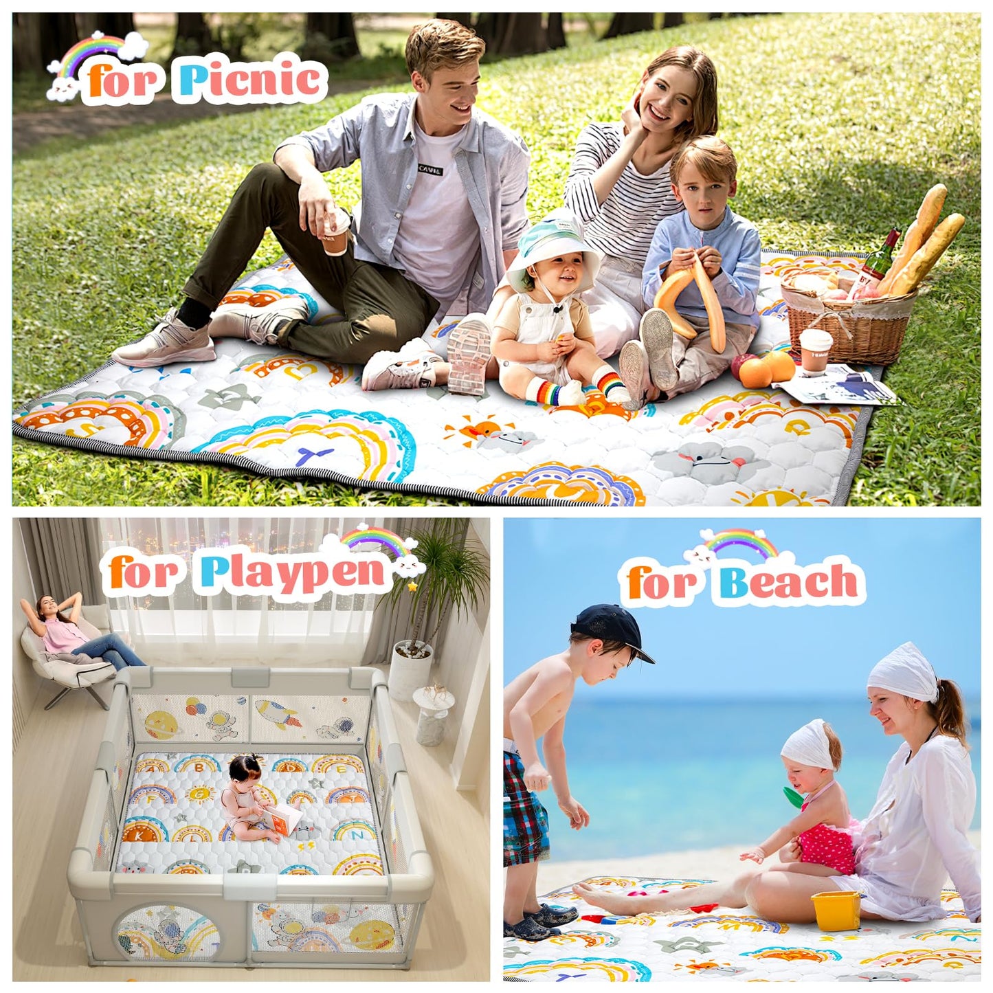 Funsland crawling carpet for babies, non-slip baby play mat, non-toxic 127x127cm, cotton animal crawling mat for babies, foldable with a height ruler, children's play mat for indoors/outdoors/fences 