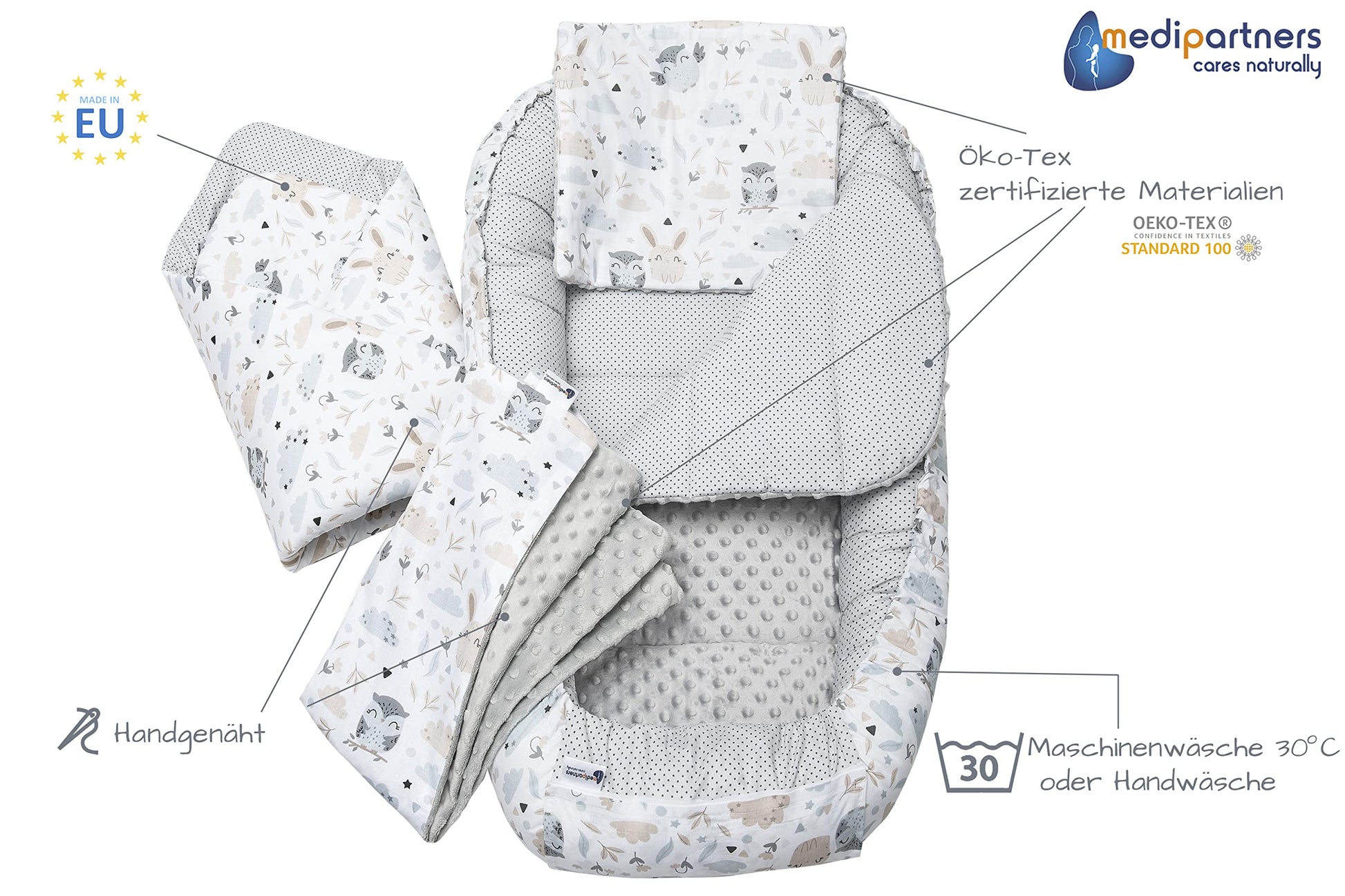 Medi Partners Babynestchen Babynest Set 100x60x15 Kuschelnest 5 teilig herausnehmbarer Einsatz Kokon Nestchen Babys Neugeborene 100% Baumwolle (REH mit Grauem Minky) - Meloni2