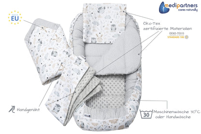 Medi Partners Babynestchen Babynest Set 100x60x15 Kuschelnest 5 teilig herausnehmbarer Einsatz Kokon Nestchen Babys Neugeborene 100% Baumwolle (REH mit Grauem Minky) - Meloni2