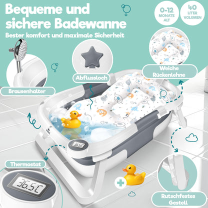 KIDIZ® Baby Bathtub, Baby Bathtub, Space-Saving & Foldable, Bath Tub, Shower Tray for Newborns, Toddlers, 0-24 Months, Portable Travel Shower for Babies, Ergonomic Bathtub with Thermostat and