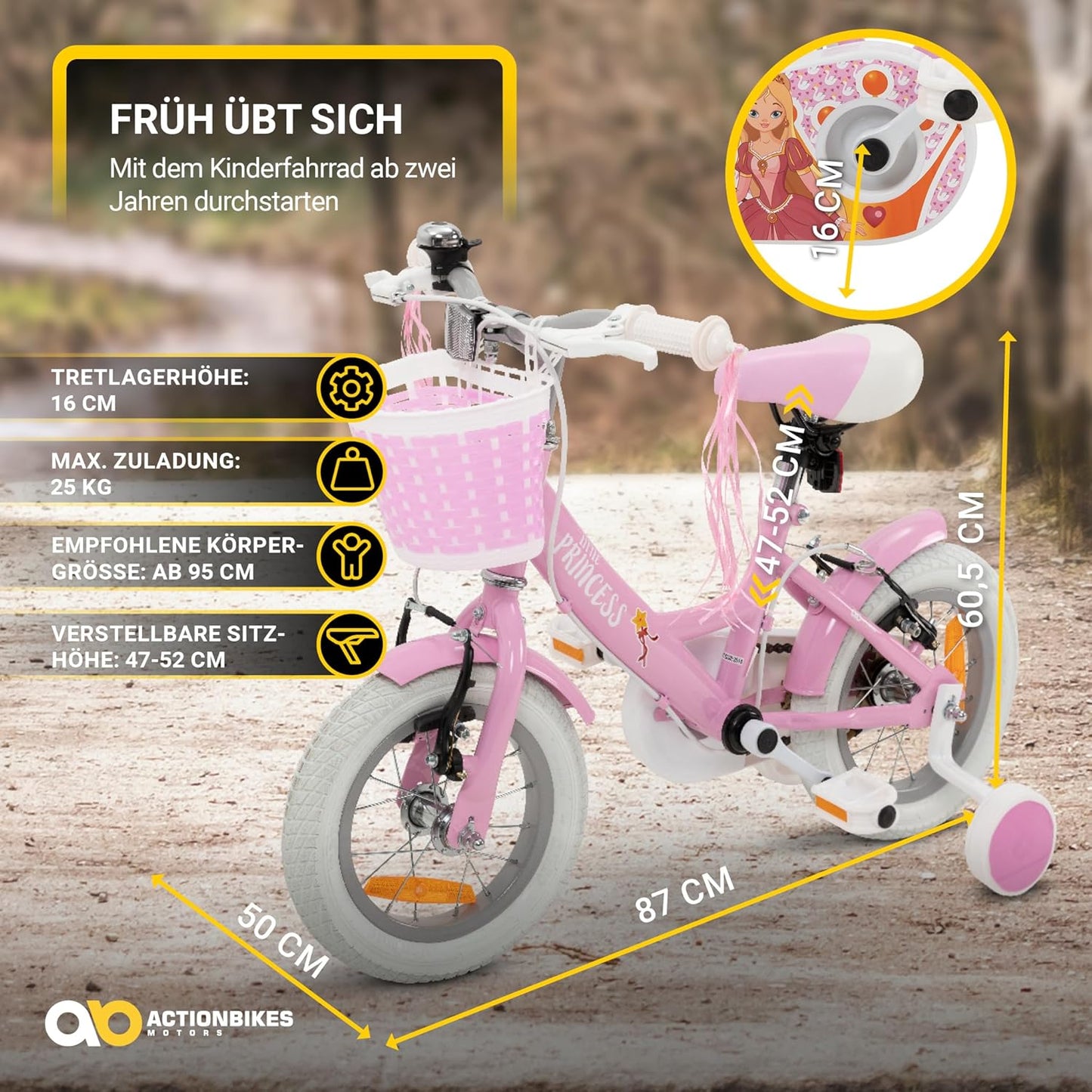 Actionbikes Kinderfahrrad Princess | 12 Zoll - V-Brake Bremsen - Fahrrad für Kinder von 2-5 Jahren - Schutzblech v./h. - Kinder Fahrrad für Mädchen & Jungen - Laufrad - Fahrräder - Bicycle - Kinderrad - Meloni2