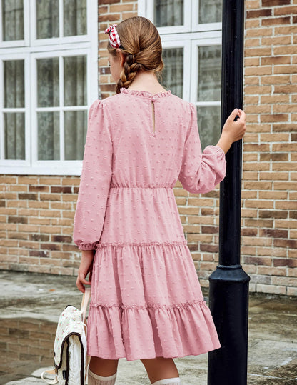 Arshiner Dress Girls Festive Flounce V-Neck Long Sleeve Dress Swiss Dot Chiffon Dress Children Tiered Dress A-Line Party Dress Wedding Princess Dress Swing Skater Dress 5-12 Years 