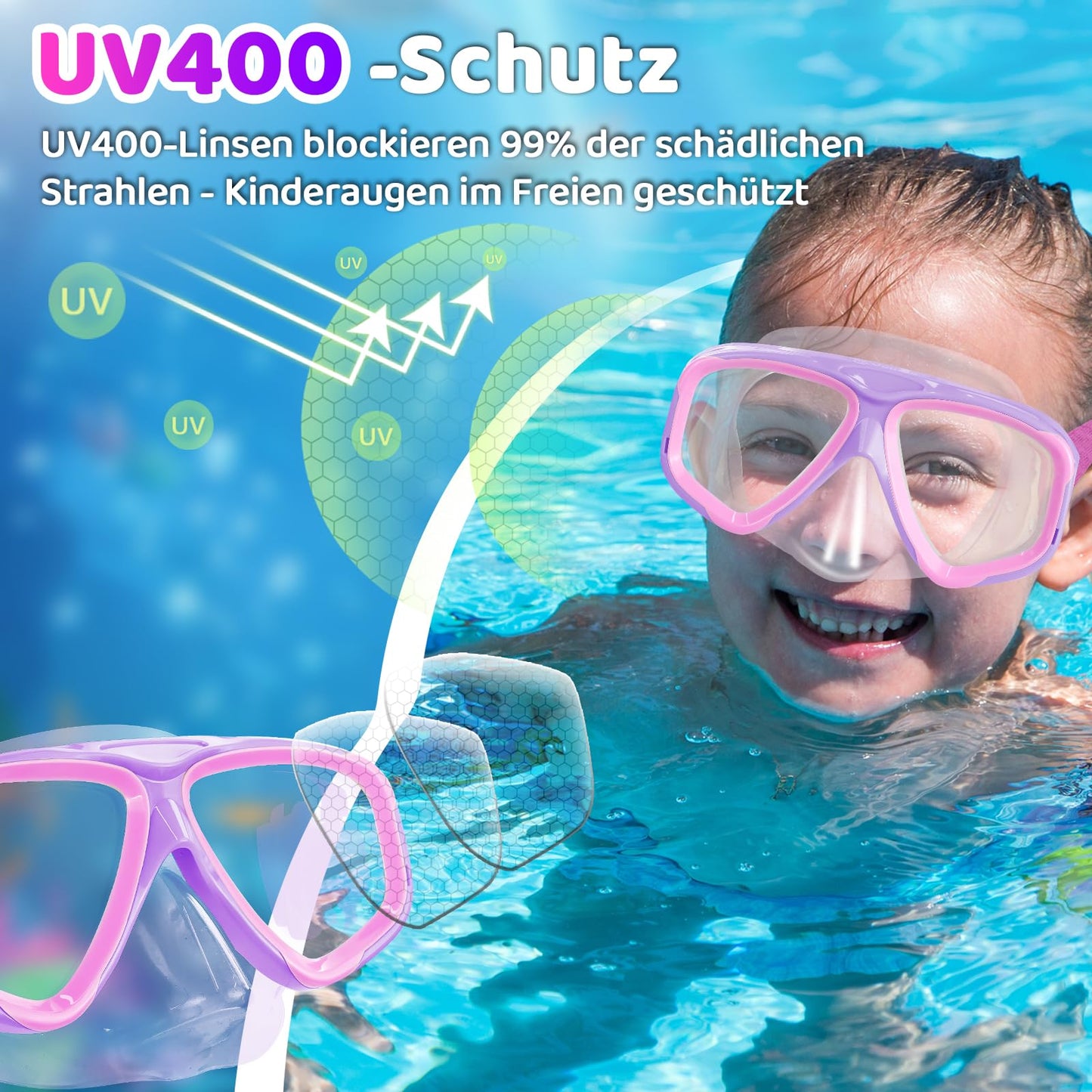 Vvinca Swimming Goggles for Kids with Nose Guard and Fabric Strap, Shatterproof, Anti-Fog and Waterproof for Children 3-14 Years