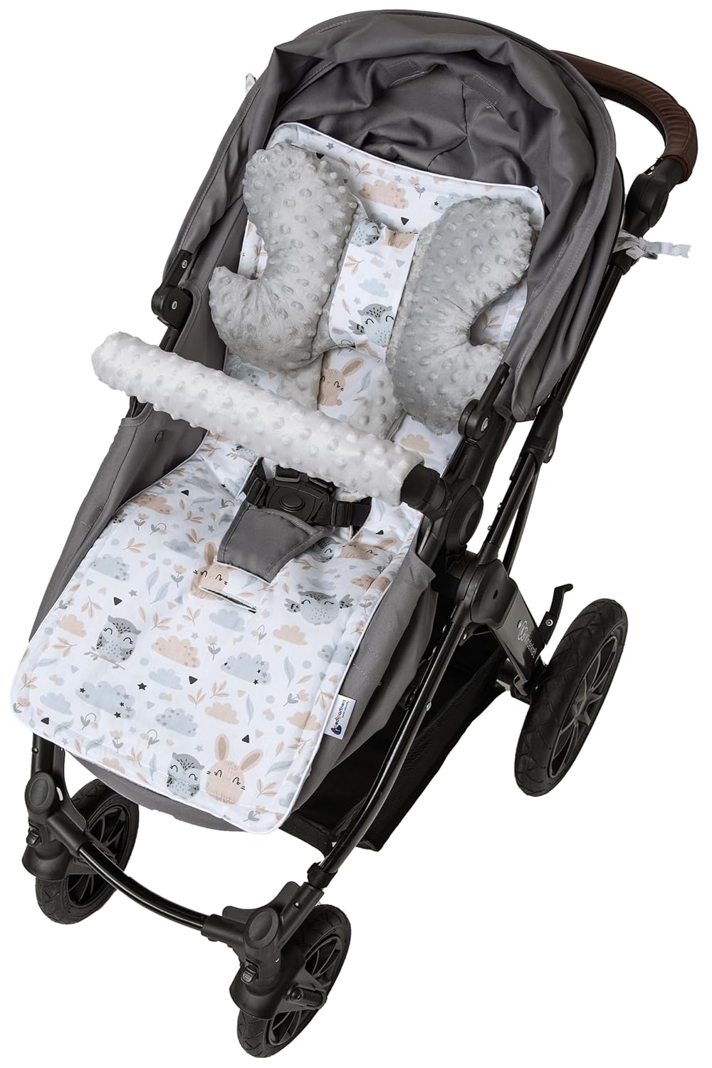 Sitzauflage Kinderwagen Buggy Baby Sommer Kindersitz Einlage Universal - 5tgl Gurtpolster + Spielbogen Kinderwagenset Babyschale (Safari mit beige Minky)