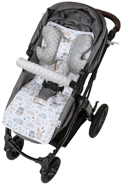 Sitzauflage Kinderwagen Buggy Baby Sommer Kindersitz Einlage Universal - 5tgl Gurtpolster + Spielbogen Kinderwagenset Babyschale (Safari mit beige Minky)