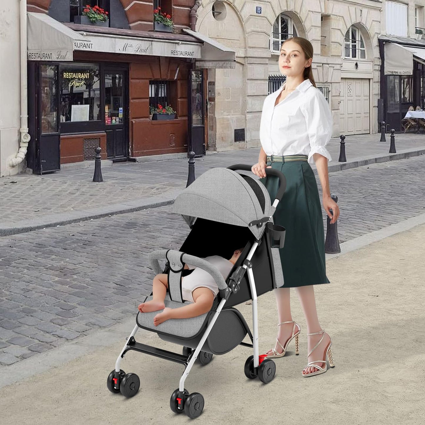 Buggy für Babys, ultraleicht, kompakt, faltbar und neigbar, von Geburt bis 25 kg, mit Trolley-System, Regenschutz inklusive, ausziehbarer Haube, C-schwarz