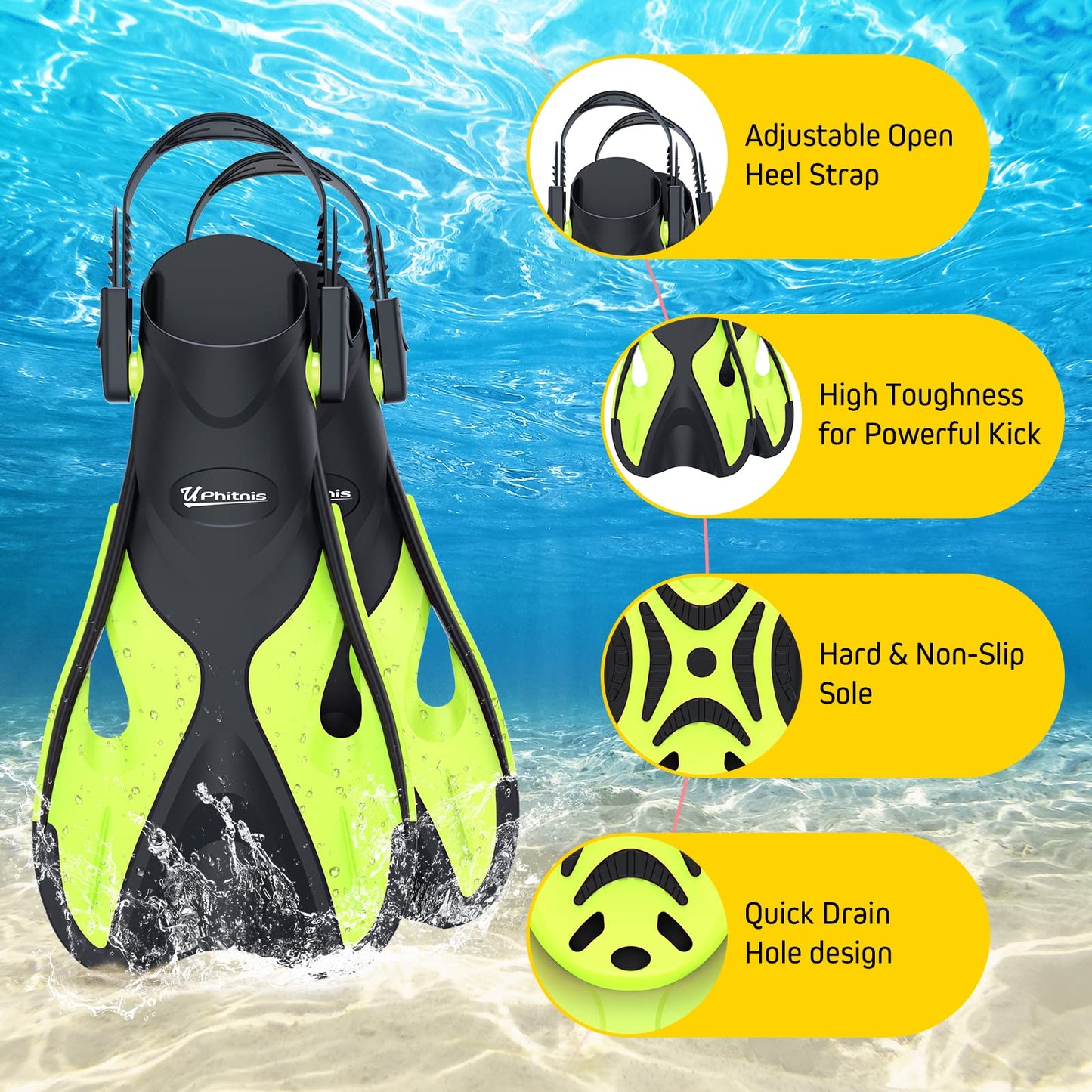 UPhitnis Kinderschnorchelset mit Flossen, Antibeschlag 180° Panorama Taucherbrille, verstellbare Schwimmflossen und Premium Dry Schnorchel, 3-in-1 Schnorchelset für Kinder mit Tragetasche