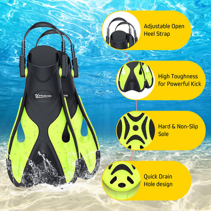 UPhitnis Kinderschnorchelset mit Flossen, Antibeschlag 180° Panorama Taucherbrille, verstellbare Schwimmflossen und Premium Dry Schnorchel, 3-in-1 Schnorchelset für Kinder mit Tragetasche