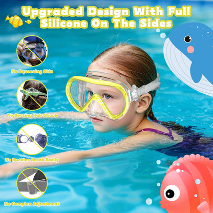 SkrekuiMa Taucherbrille Kinder | Schwimmbrille Kinder Schnorchelmaske Anti-Fog Anti-Leck | Tauchmaske Kinder 180°Panorama HD Tempered Glas für Kinder 4-12 Jahre Jungen Mädchen
