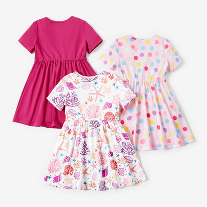 PATPAT Mädchen Kleid Set, Packung mit 3 Sommerkleider mit Kurzen Ärmeln und Rüschen in 3 verschiedenen Prints, Hochzeit Geburtstag Party Bankett Urlaub, Prinzessin Kleider für Mädchen 2-7 Jahre