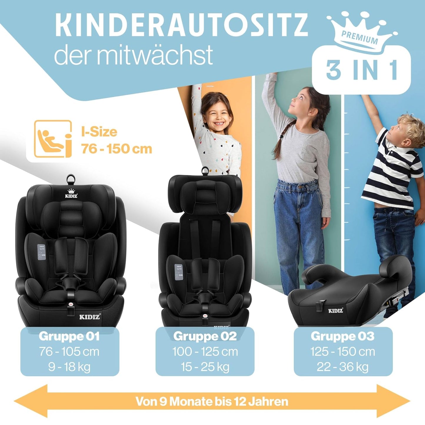 Autokindersitz mit Isofix i-Size R129 100-150cm bis 12 Jahre, Kinderautositz Gruppe 1/2/3, mitwachsender Kindersitz, 5-Punkt-Gurt & höhenverstellbare Kopfstütze, Sitzerhöhung Auto, Schwarz