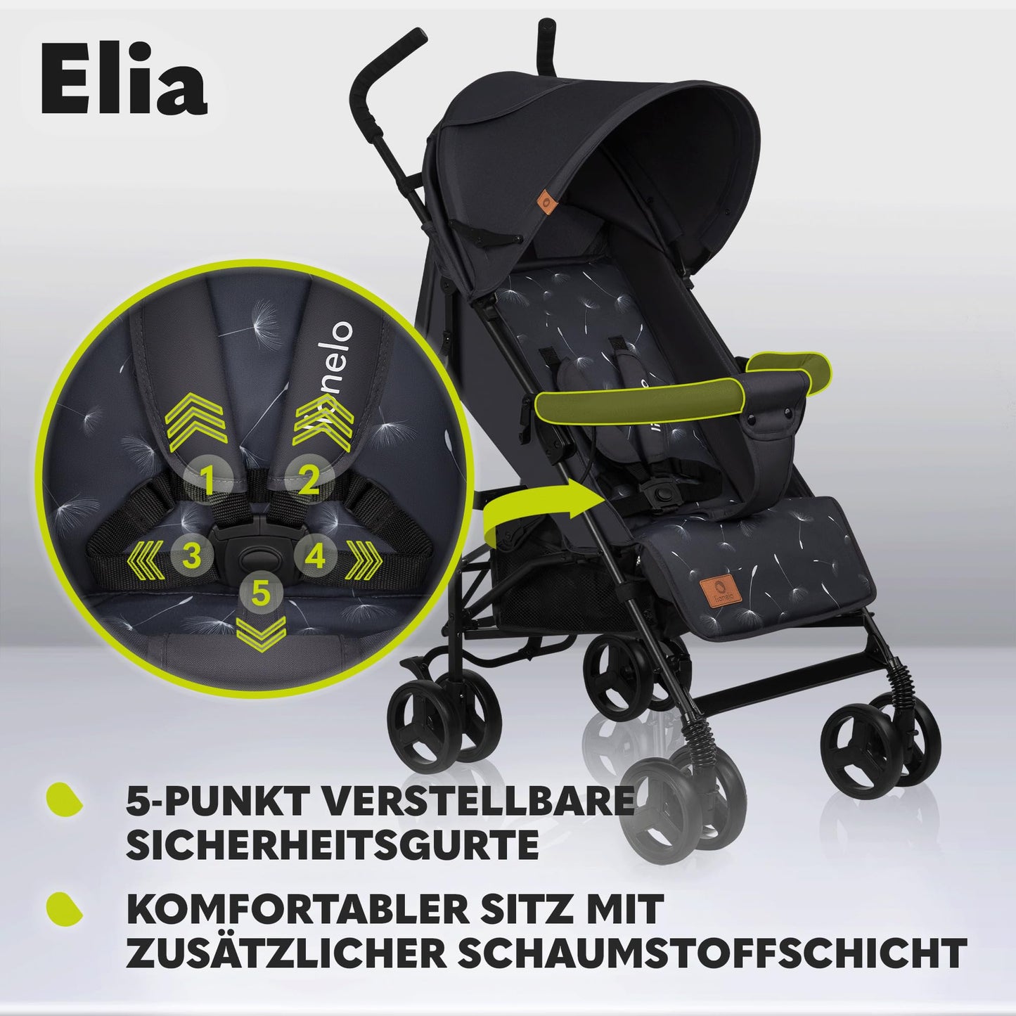 LIONELO Elia Buggy Small Foldable Pushchair up to 15 kg, Back and Footrest Adjustment, Rear Wheel Brake, Mosquito Net, Shopping Basket - Meloni2