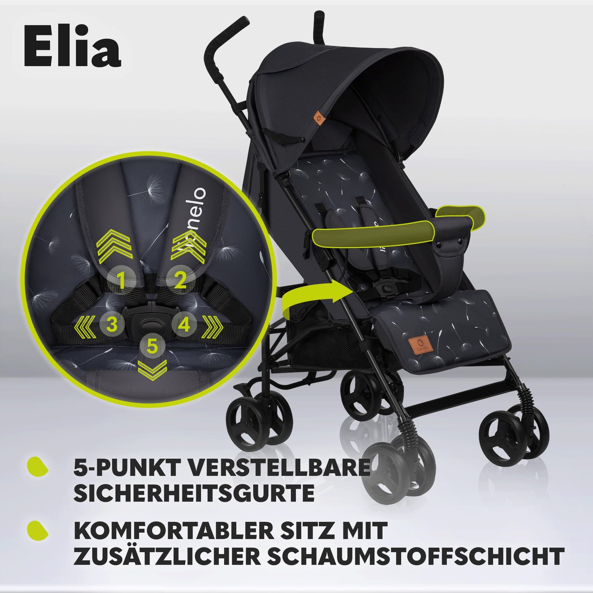LIONELO Elia Buggy Small Foldable Pushchair up to 15 kg, Back and Footrest Adjustment, Rear Wheel Brake, Mosquito Net, Shopping Basket - Meloni2