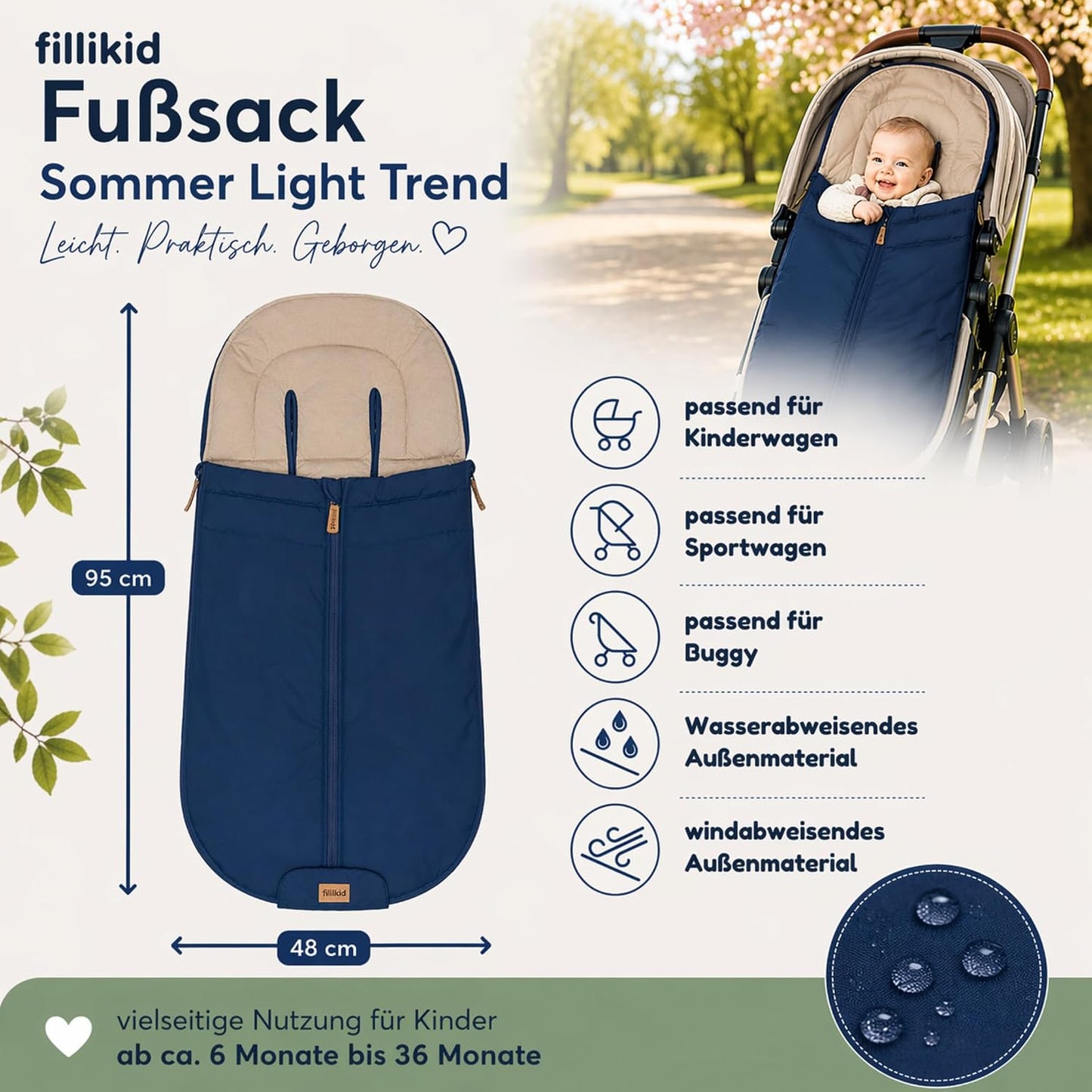 Babyfußsack Light Trend Exklusiv, 95x48cm | Leichter Sommer-Fußsack für Kinderwagen, Buggy & Sportwagen, Vorderteil abnehmbar, pflegeleicht