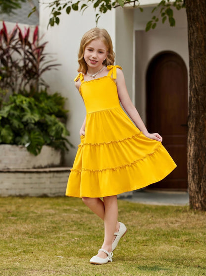 Arshiner Mädchen Kleider Fliege Trägerkleid Kinder Baumwolle Sommerkleid Ärmelloses A-Linie Swingkleid Schulterfrei Elegant Freizeitkleid für Mädchen 5-15 Jahre