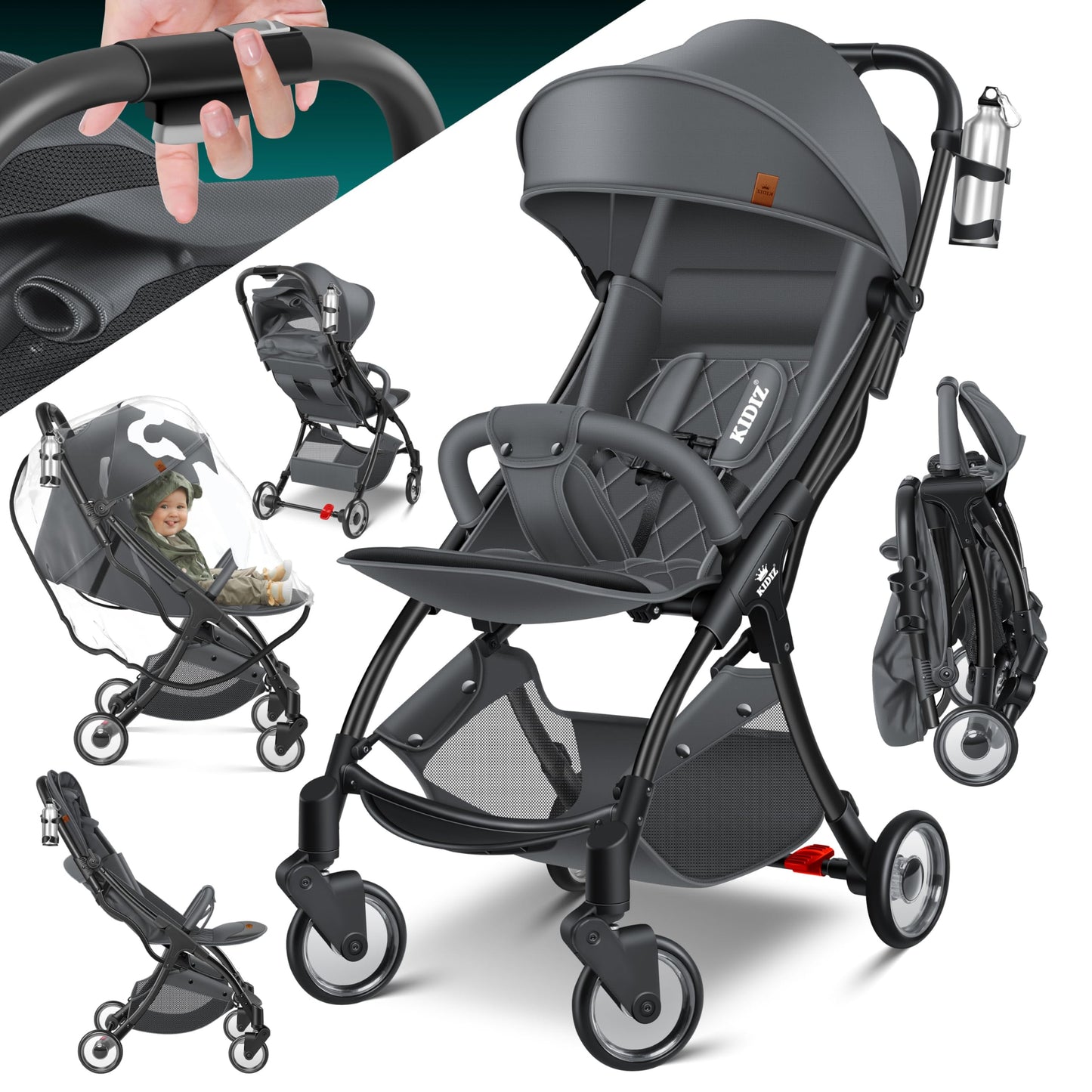 KIDIZ® Folding Pushchair, Sports Pram, 360° Wheels, 5-Point Harness, incl. Drinks Holder, Rain Cover, Adjustable Backrest and Sun Canopy, Red