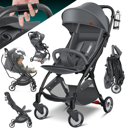 KIDIZ® Folding Pushchair, Sports Pram, 360° Wheels, 5-Point Harness, incl. Drinks Holder, Rain Cover, Adjustable Backrest and Sun Canopy, Red