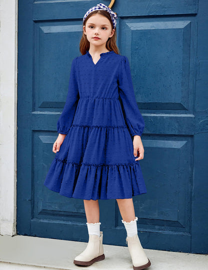 Arshiner Dress Girls Festive Flounce V-Neck Long Sleeve Dress Swiss Dot Chiffon Dress Children Tiered Dress A-Line Party Dress Wedding Princess Dress Swing Skater Dress 5-12 Years 