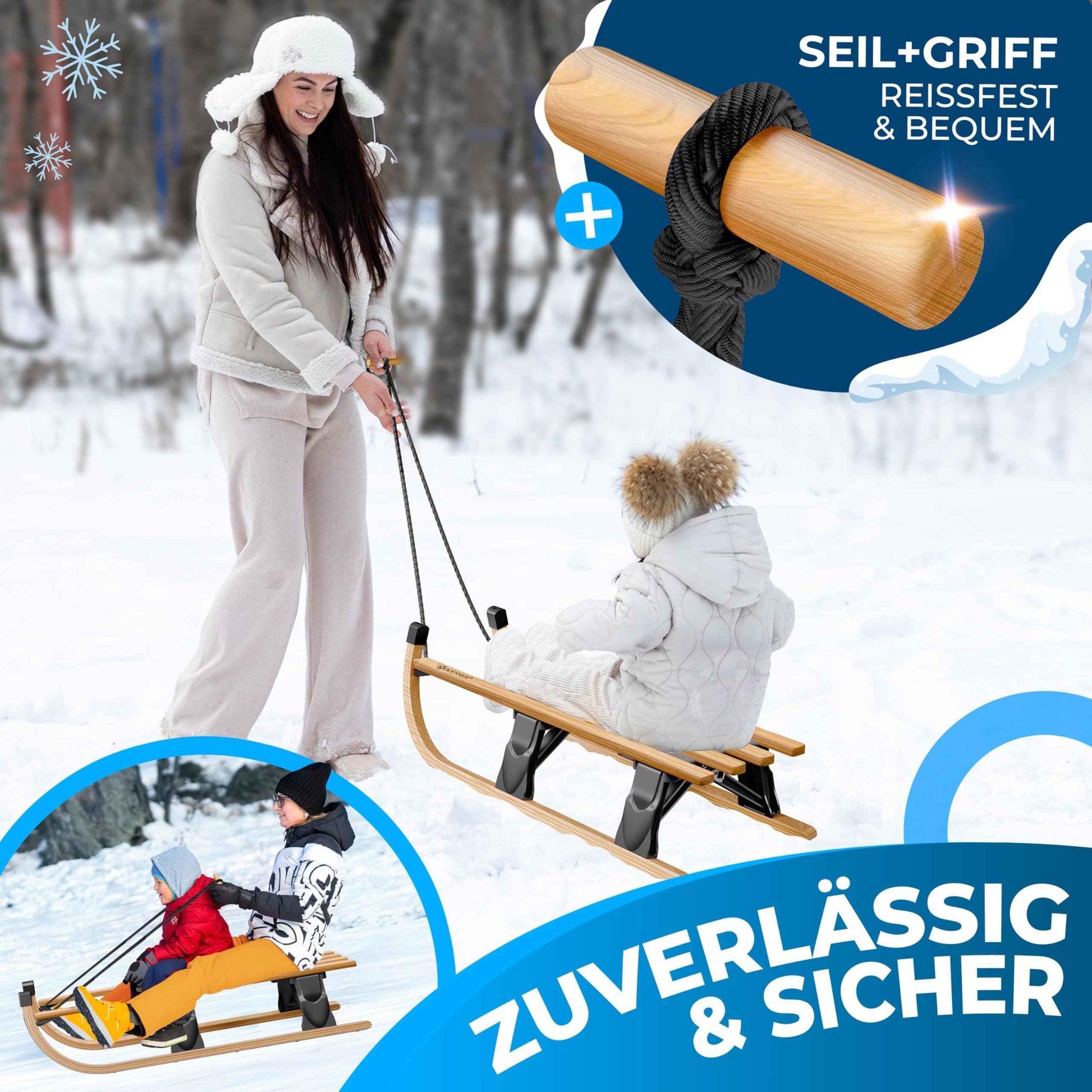 KESSER® Wooden Sledge Premium Children's Folding Sledge Made of Beech Wood Including Pull Rope Slider Metal Runners