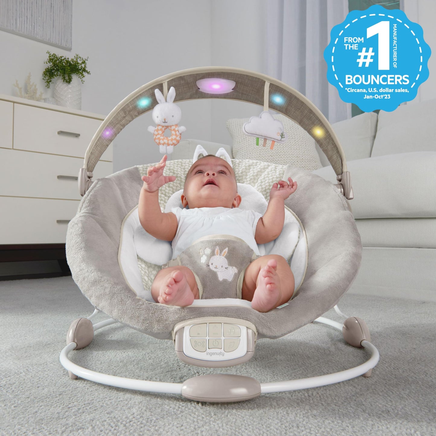 Ingenuity, InLighten Babywippe Babyschaukel mit Lichtern, Nate Bunny, Spielzeugleiste, Vibrationen, Geräuschen, Tummy Time Kissenmatte, bis zu 20 lbs, Neugeborenes+
