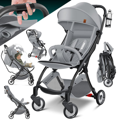 KIDIZ® Folding Pushchair, Sports Pram, 360° Wheels, 5-Point Harness, incl. Drinks Holder, Rain Cover, Adjustable Backrest and Sun Canopy, Red