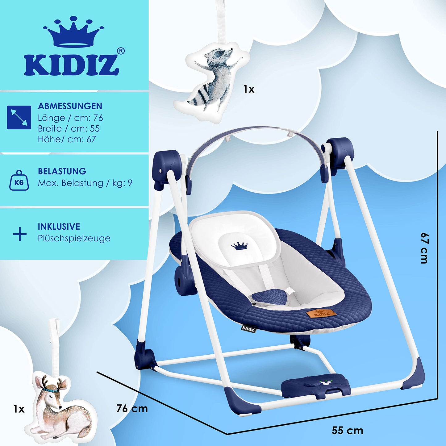 KIDIZ® Baby Rocker Baby Swing with 5 Speed Settings Foldable Baby Rocker Swing Baby High Chair with Play Arch Toys 5 Soothing Natural Sounds Newborn Anthracite