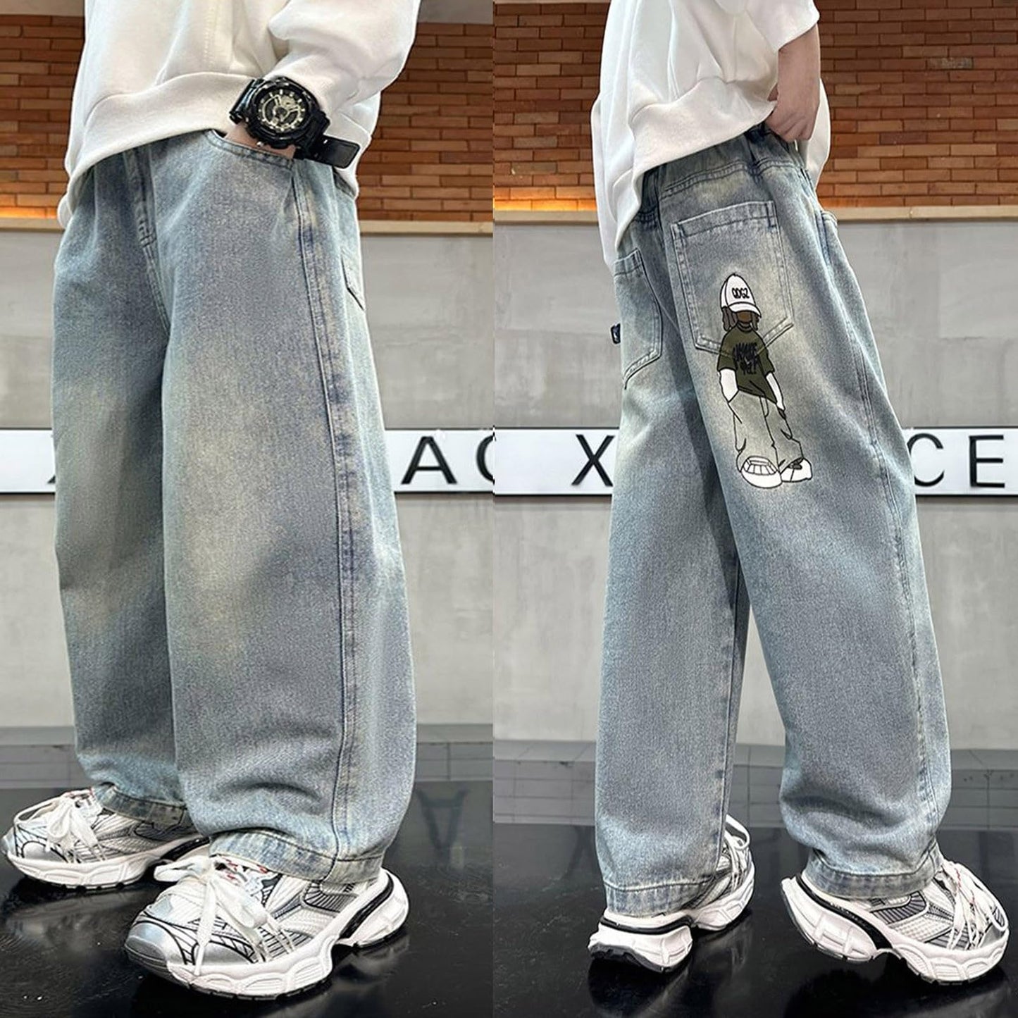 Children's Baggy Jeans Boys Wide Leg Jeans Loose Fit Denim Vintage Trousers Casual Wide Leg Jeans Streetwear Outdoor Vintage Loose Fit Baggy Jogging Bottoms Boys Black Trousers Cargo Trousers Pants