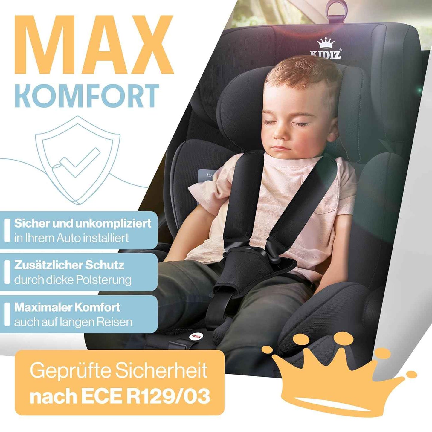 KIDIZ® Autokindersitz mit Isofix i-Size R129 100-150cm bis 12 Jahre, Kinderautositz Gruppe 1/2/3, mitwachsender Kindersitz, 5-Punkt-Gurt & höhenverstellbare Kopfstütze, Sitzerhöhung Auto, Schwarz