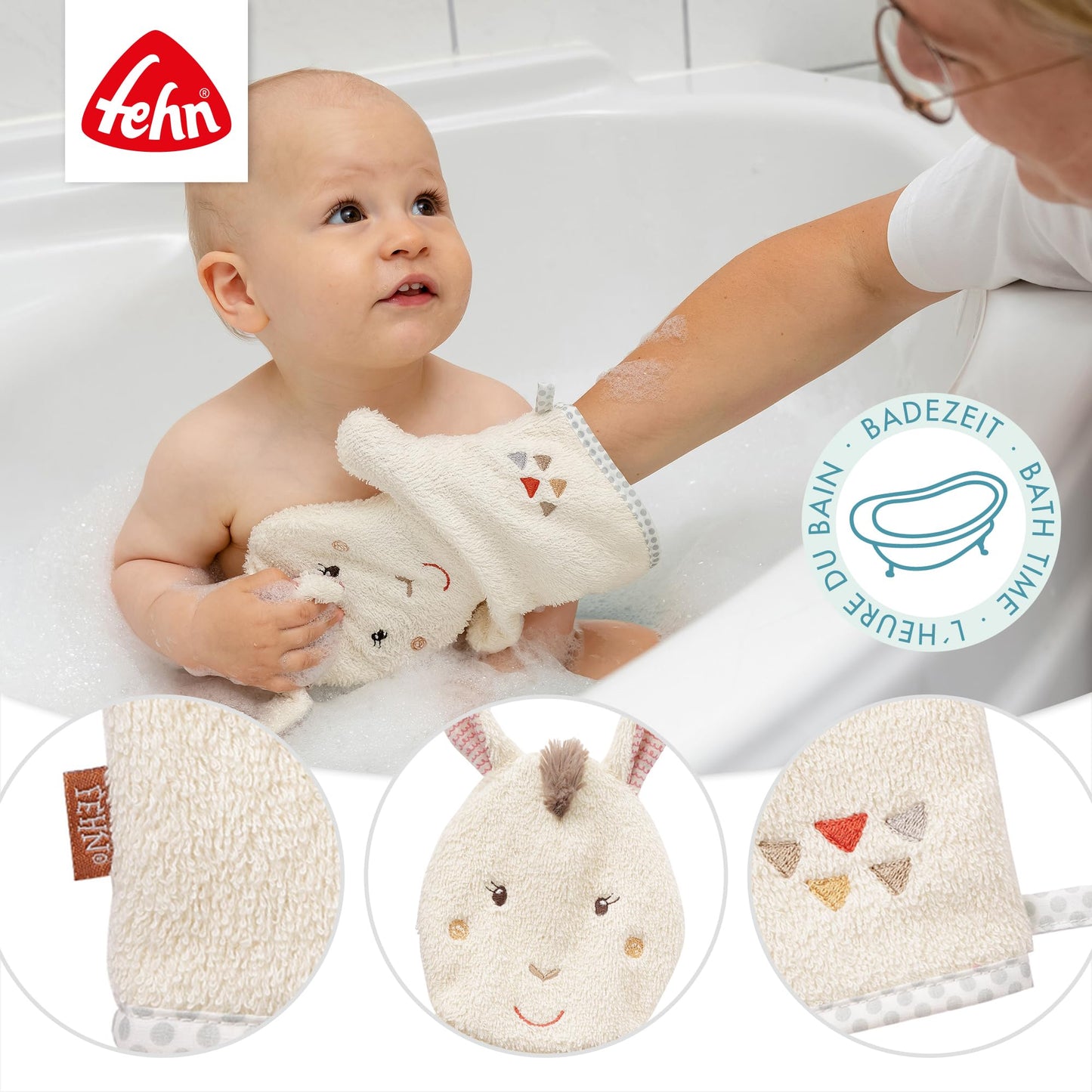 Fehn Waschlappen Lama - Waschhandschuh mit Tiermotiv - Badewannenspielzeug für fröhlichen Badespaß - Babywaschlappen für die Badewanne - weicher Handtuchfrottee für Babys und Kinder ab 0+ Monaten