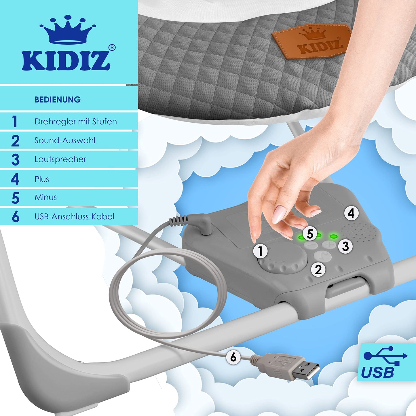 KIDIZ® Baby Rocker Baby Swing with 5 Speed Settings Foldable Baby Rocker Swing Baby High Chair with Play Arch Toys 5 Soothing Natural Sounds Newborn Anthracite