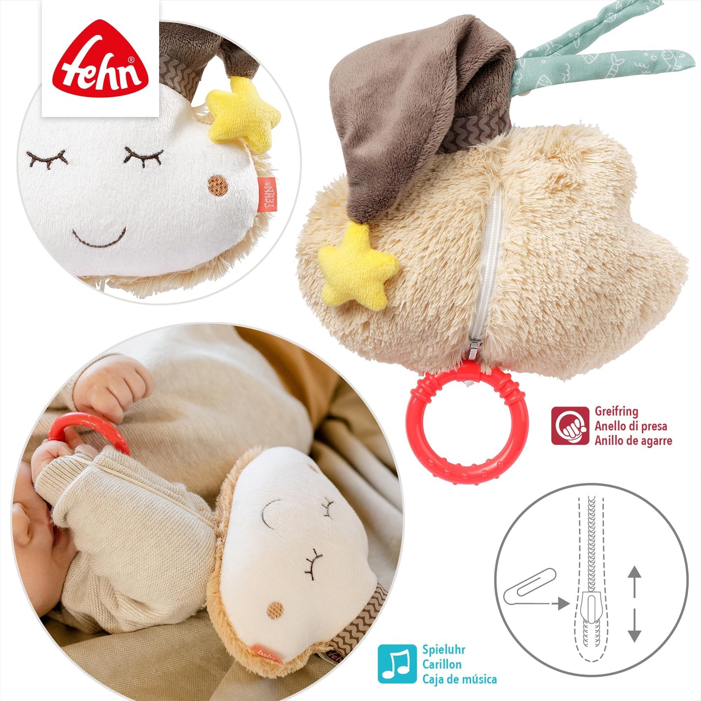 Fehn Spieluhr Baby Einschlafhilfe Schaf - Kuscheltier mit sanfter Einschlafhilfe Melodie "Guten Abend, gut´ Nacht" - Babyspielzeug für Unterwegs und Zuhause - Musikspielzeug für Babys und Kleinkinder