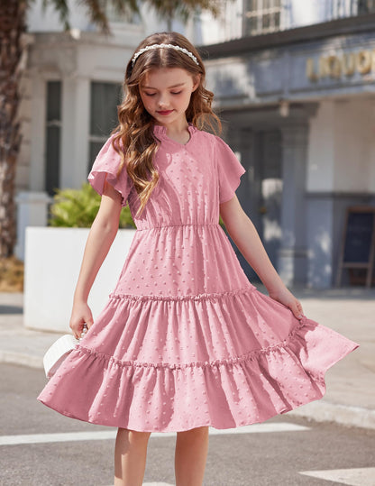 Arshiner Mädchen Kleid Festliches Rüschenärmel Sommerkleider V-Ausschnitt Partykleid Swiss Dot Stufenkleid Kinder A-Linie Swing Kinderkleid mit Tasche 3-12 Jahre