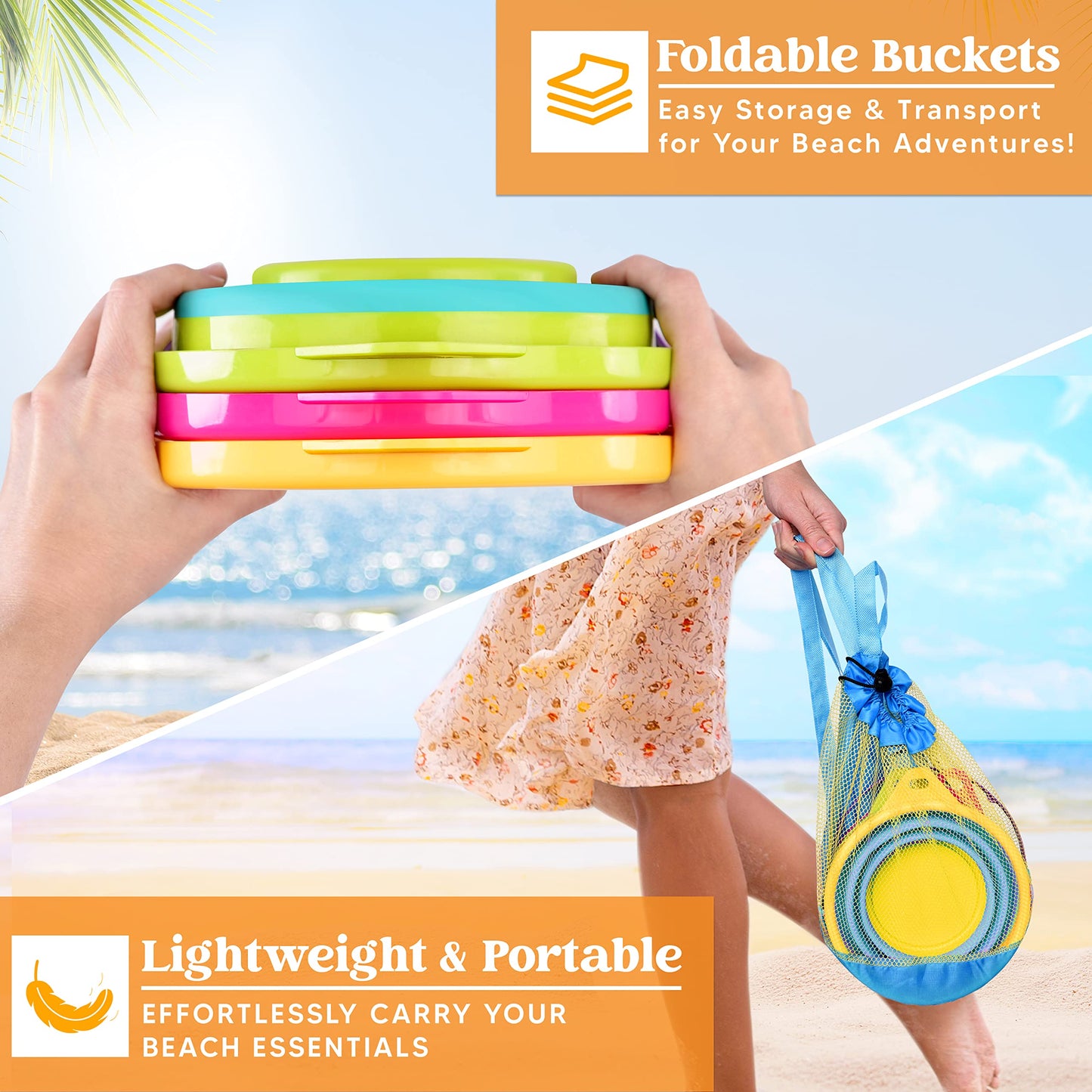 JOYIN 3 Packungen Faltbarer Eimer mit Schaufeln (Bonus-Netztasche), Faltbarer Eimer Mehrzweck für Strand, Strandausrüstung, Sandkasten Spielzeug
