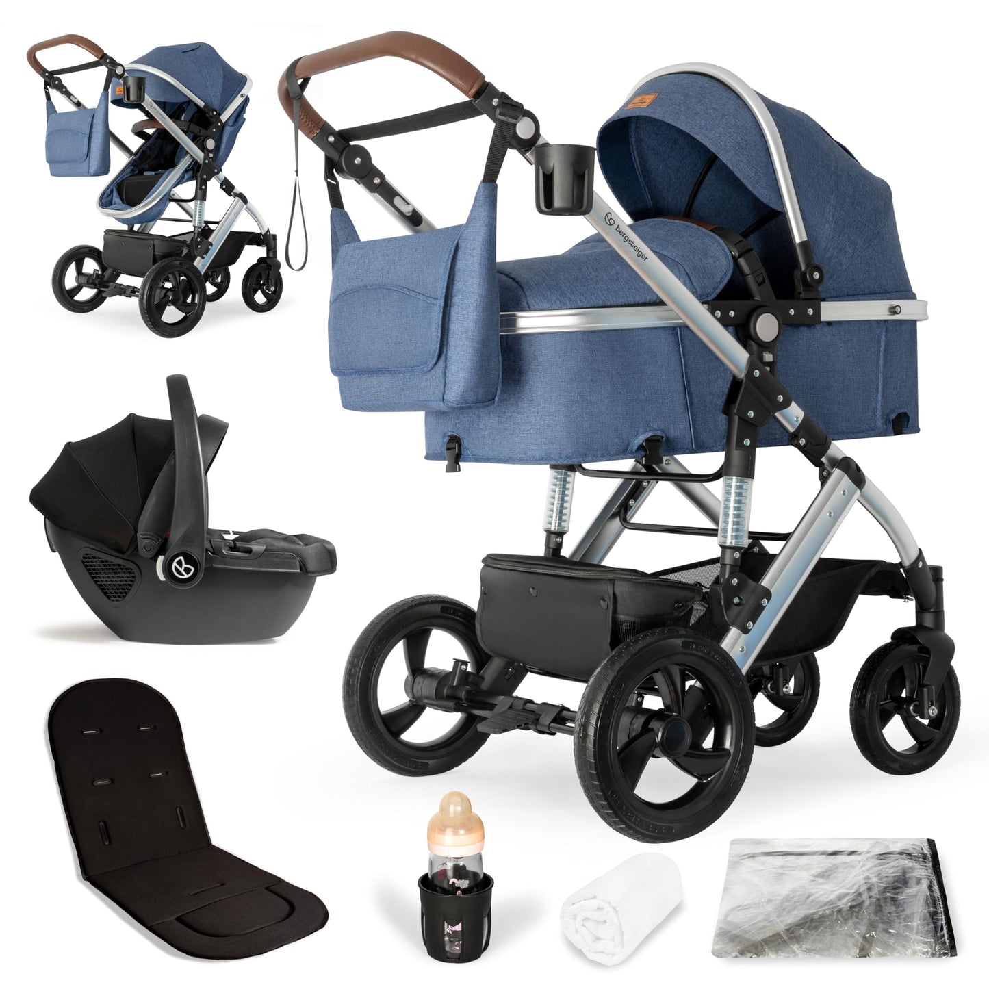 Bergsteiger Nizza 3 in 1 Kinderwagen, Kombikinderwagen Komplettset, Auto-Babyschale & Isofix Station, Babywanne & Buggy Sportsitz inklusive