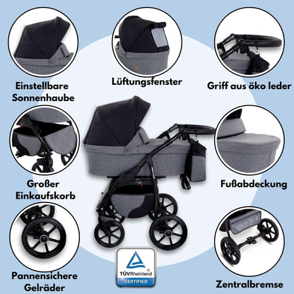 GaGaDumi Boston Kinderwagen 3 in 1 Komplettset mit Autositz - Kombikinderwagen mit großen Rädern - TÜV-zertifiziert - Baby Stroller Set - für Neugeborene und Kleinkinder Schwarz