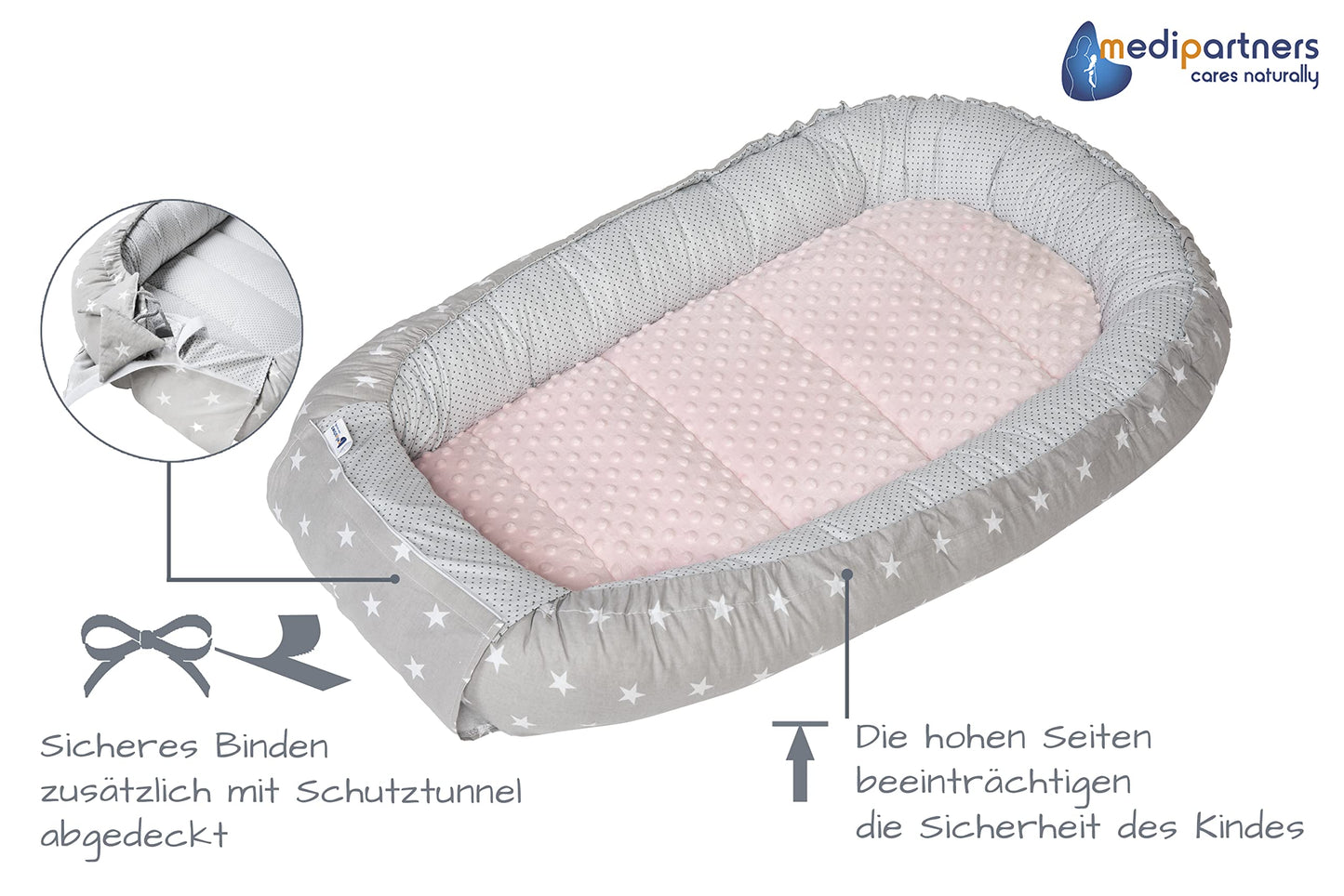 Medi Partners Babynestchen Babynest Set 100x60x15 Kuschelnest 5 teilig herausnehmbarer Einsatz Kokon Nestchen Babys Neugeborene 100% Baumwolle (REH mit Grauem Minky)