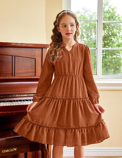Arshiner Dress Girls Festive Flounce V-Neck Long Sleeve Dress Swiss Dot Chiffon Dress Children Tiered Dress A-Line Party Dress Wedding Princess Dress Swing Skater Dress 5-12 Years 