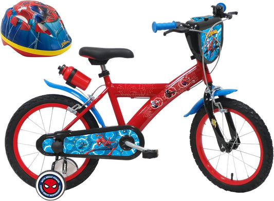 A.T.L.A.S. Jungen Kinderfahrrad Elo für Kinder, 16 Zoll Marvel, ausgestattet mit 2 Bremsen, dekorativer Frontplatte, hinterer Kanister und Spiderman-Helm, Rot wie abgebildet, 16'' - Meloni2
